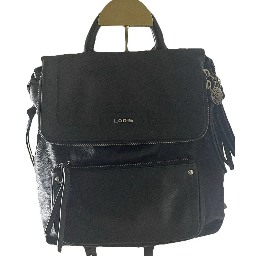 Lodis Black Pebbled Leather Laptop Backpack Work Commute Minimalist Travel